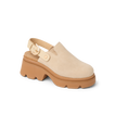 Vista Luxe Solene facing left, close-up on platform clog with suede upper, adjustable buckle, and structured arch support.