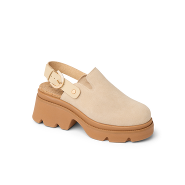 Vista Luxe Solene facing left, close-up on platform clog with suede upper, adjustable buckle, and structured arch support.