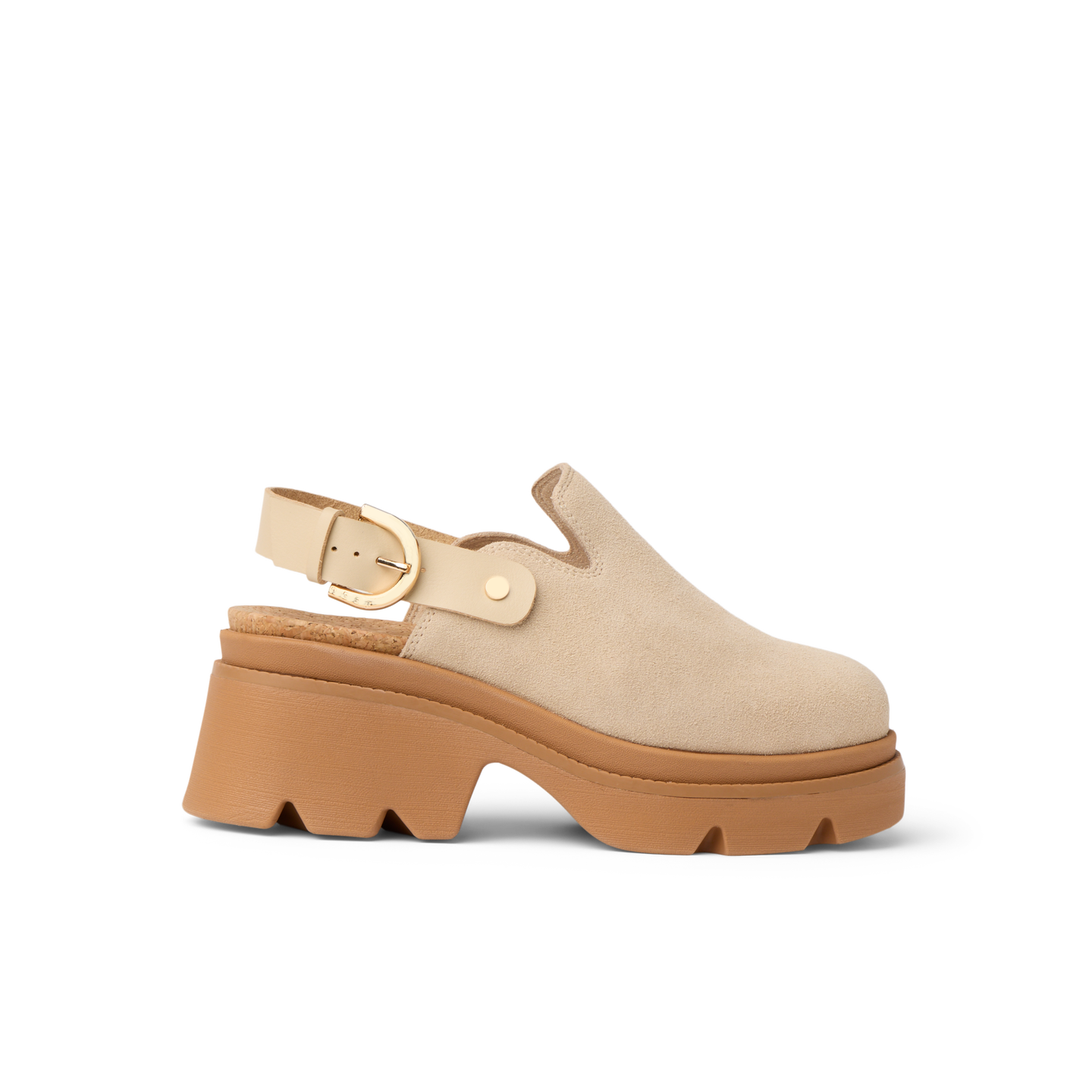 Vista Luxe Solene facing right, close-up of platform clog with suede upper, buckle strap, and structured support heel.