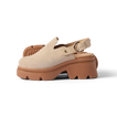 Vista Luxe Solene facing right, close-up of platform clog with suede upper, adjustable buckle, and cushioned arch support heel.