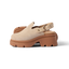 Vista Luxe Solene facing right, close-up of platform clog with suede upper, adjustable buckle, and cushioned arch support heel.