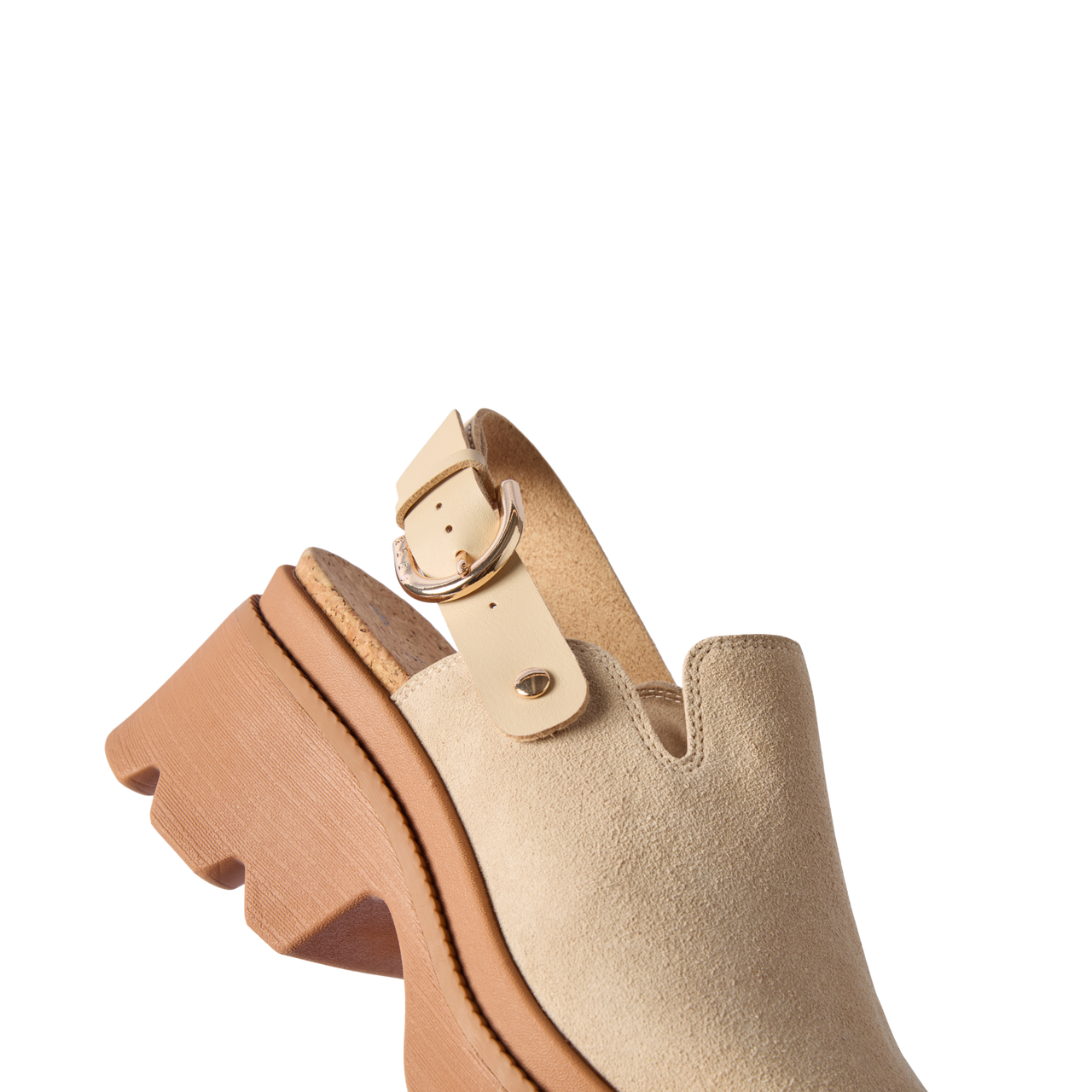 Vista Luxe Solene clog facing left, close-up of front and adjustable buckle strap, premium suede with platform sole.