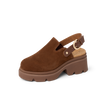 Vista Luxe Solene brown suede clog facing left with platform sole, adjustable buckle, and structured arch support heel close-up.
