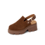 Vista Luxe Solene brown suede clog facing left with platform sole, adjustable buckle, and structured arch support heel close-up.