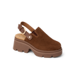 Vista Luxe Solene brown suede platform clog facing left, close-up of side with adjustable buckle strap and arch support.
