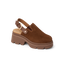 Vista Luxe Solene brown suede platform clog facing left, close-up of side with adjustable buckle strap and arch support.