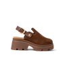 Vista Luxe Solene women's brown suede platform clog facing left, showing adjustable buckle strap and cushioned sole.