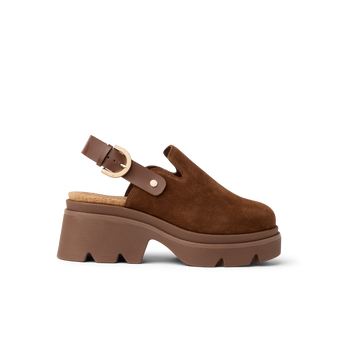 Vista Luxe Solene women's brown suede platform clog facing left, showing adjustable buckle strap and cushioned sole.