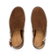 Top-down view of brown suede Vista Luxe Solene clogs facing upward, featuring adjustable buckle straps and cushioned footbeds.