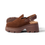 Vista Luxe Solene clog facing right, close-up of brown suede upper, platform sole, and adjustable buckle strap, beach-inspired comfort.