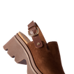 Vista Luxe Solene brown suede clog facing left, close-up of front and adjustable buckle strap with platform sole.