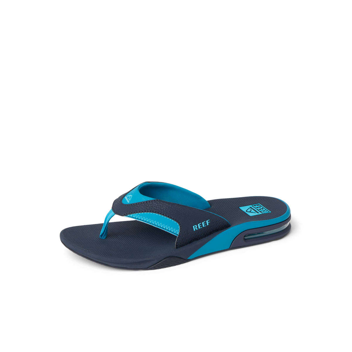 Fanning men's blue flip flop facing left with cushioned footbed and water friendly design