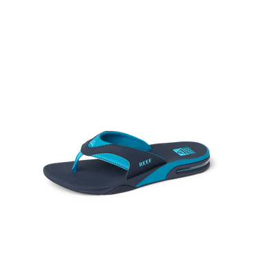 Fanning men's blue flip flop facing left with cushioned footbed and water friendly design