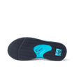 Fanning flip flop underside close up facing left, showing herringbone outsole, blue heel airbag, and REEF logo