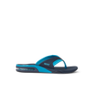 Fanning blue flip flop facing right with cushioned footbed and arch support