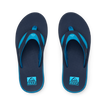 Fanning blue flip flops viewed from above with toes facing upward and cushioned footbeds for comfort