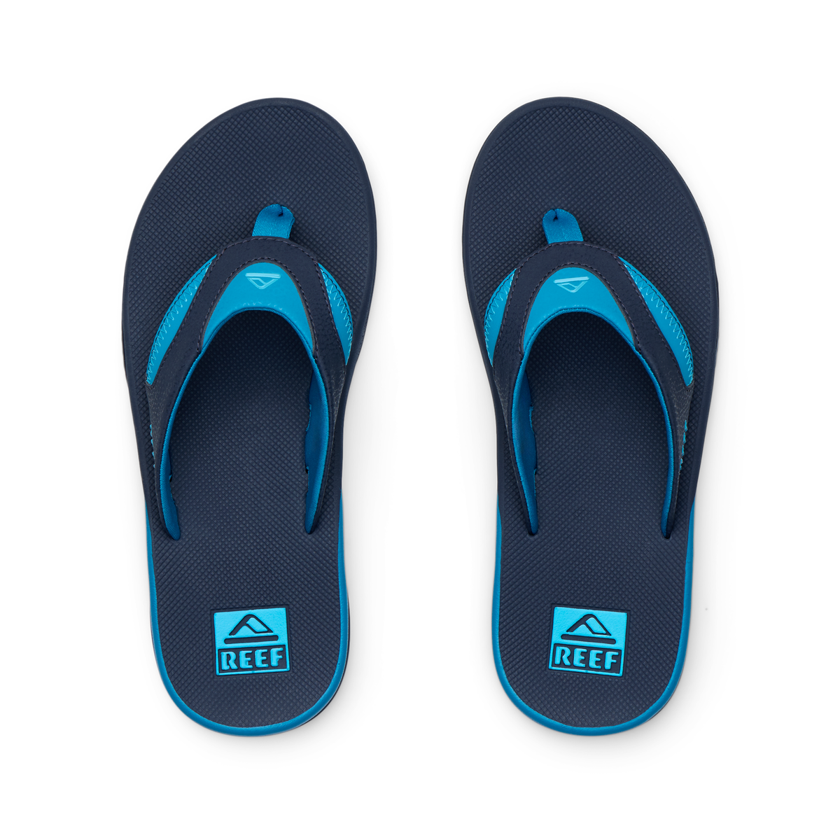 Fanning blue flip flops viewed from above with toes facing upward and cushioned footbeds for comfort