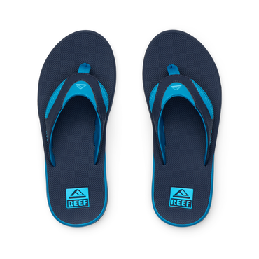 Fanning blue flip flops viewed from above with toes facing upward and cushioned footbeds for comfort