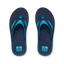 Fanning blue flip flops viewed from above with toes facing upward and cushioned footbeds for comfort