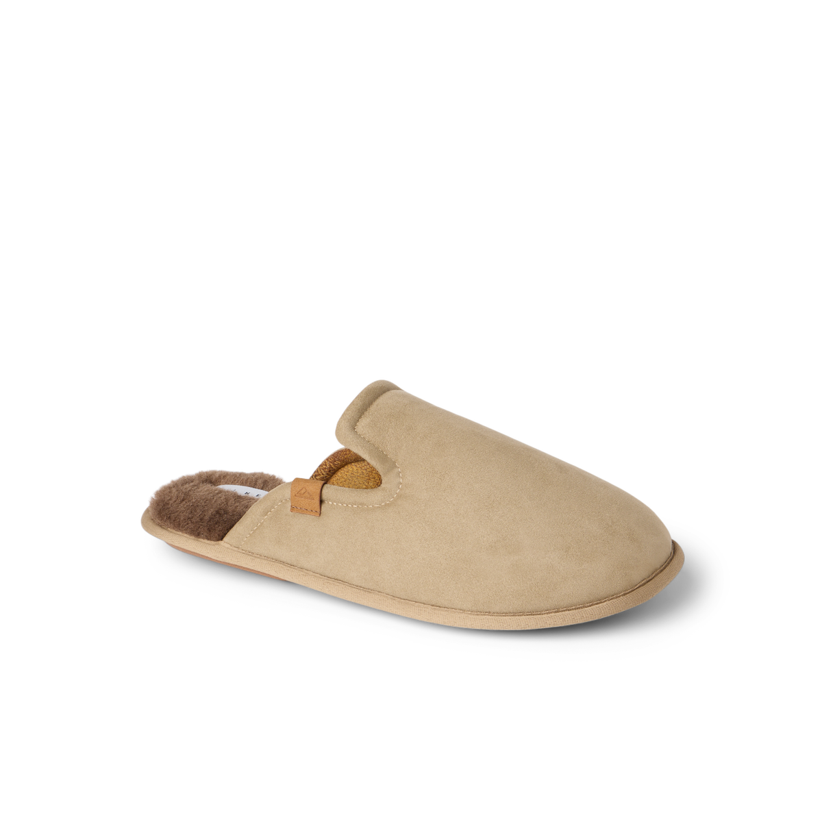 Slacktide Slipper in tan, facing right, with plush faux shearling lining and cushioned footbed