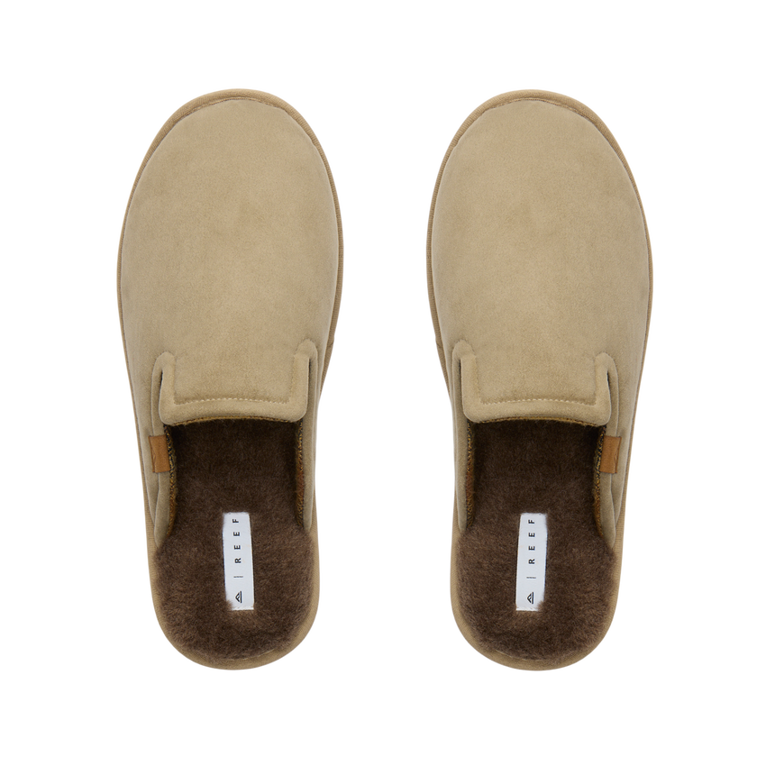 Slacktide Slipper pair viewed from above with toes facing upward and plush faux shearling footbeds visible