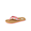 Kids Ahi pink sandal facing right, close-up of front to mid footbed with soft cushioning and arch support
