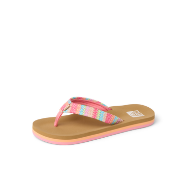 Kids Ahi pink sandal facing right, close-up of front to mid footbed with soft cushioning and arch support