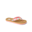 Kids Ahi sandal facing left, showing the front and side with pink, blue, and tan striped fabric straps and cushioned sole.