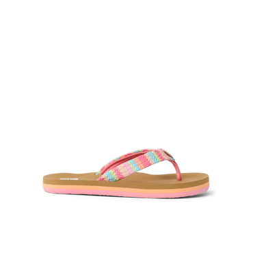 Kids Ahi right-facing sandal with pink zigzag straps, soft cushioning, and anatomical arch support for girls' beach comfort