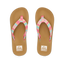 Kids Ahi top view of pink multicolor strap flip flops with soft-rebound cushioning and anatomical arch support for girls.