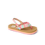 Little Ahi girls' sandal facing left, close-up of the water-friendly, cushioned footbed and pink patterned straps.