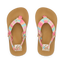 Little Ahi sandals top view facing upward, featuring pink multicolor straps and comfort-focused beach design for girls.