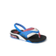 Little Fanning boys sandal facing right, close-up of toe post and blue, red, white beach-inspired design with arch support.