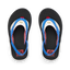 Little Fanning boys' sandals top view with blue, white, and red straps, featuring comfy arch support and soft cushioning.