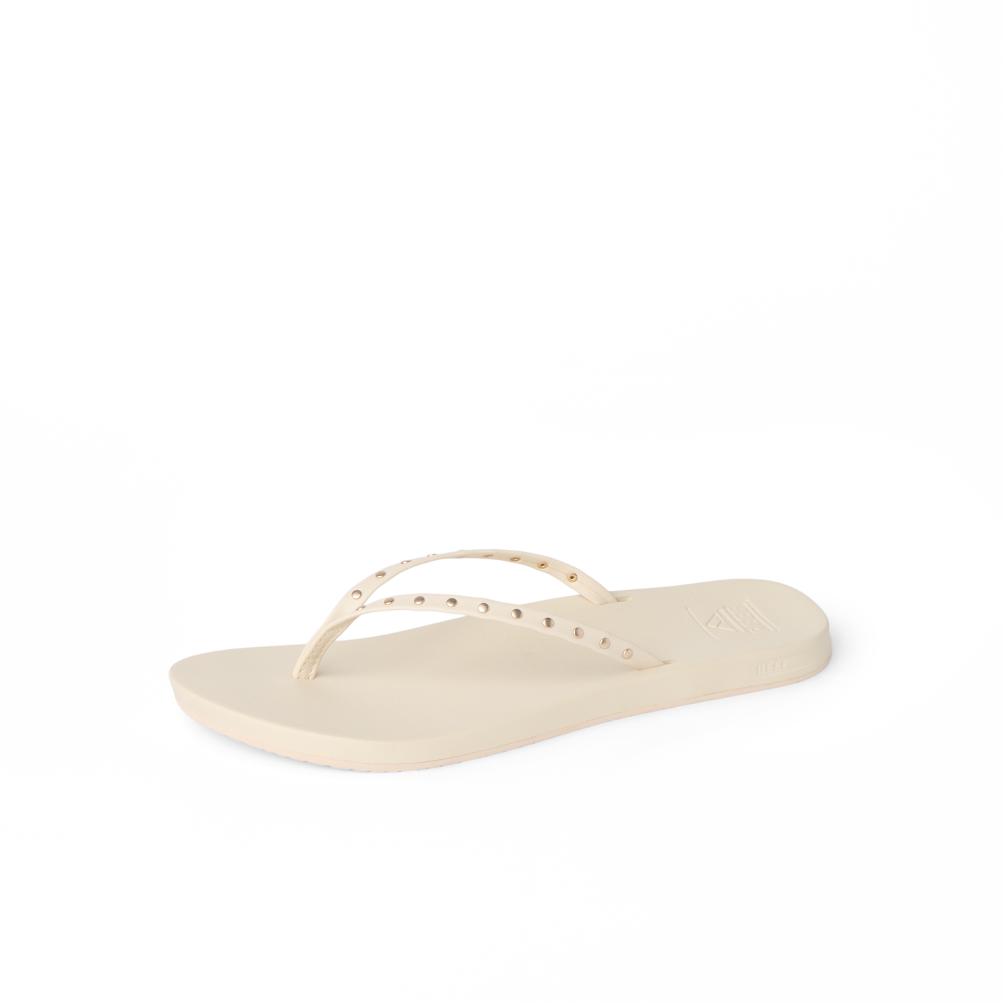 Cushion Slim Studs women's sandal facing left, featuring soft-rebound cushioning and studded straps for beach comfort.