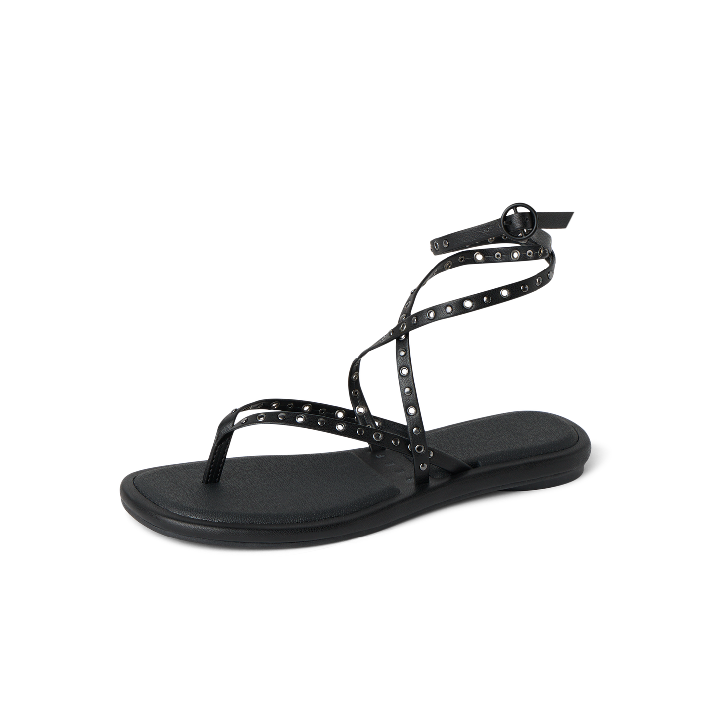 Willow Quinn Studs black sandal facing left, close-up of straps with stud details and cushioned sole, beach-inspired comfort.