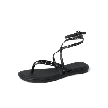 Willow Quinn Studs black sandal facing left, close-up of straps with stud details and cushioned sole, beach-inspired comfort.