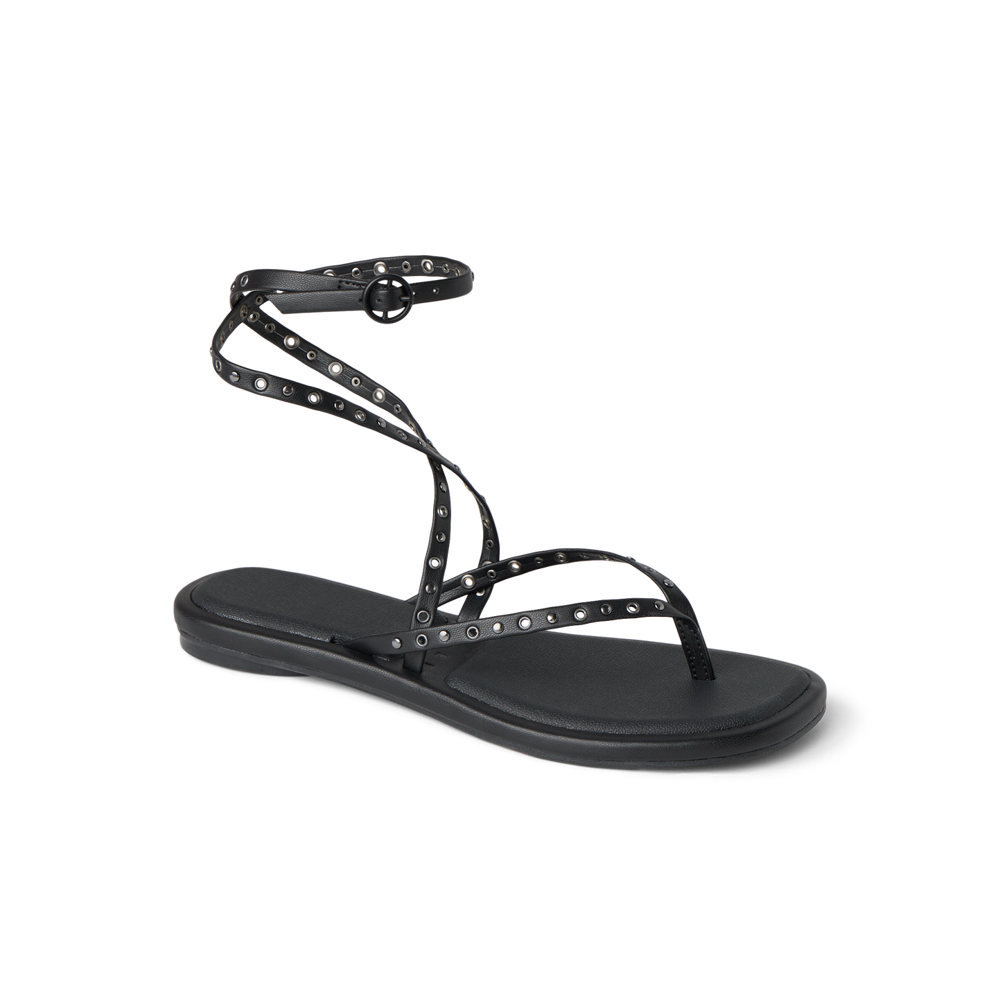 Willow Quinn Studs black strappy sandal facing right, ankle wrap with stud details, lightweight and comfortable design.