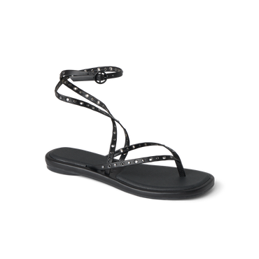 Willow Quinn Studs black strappy sandal facing right, ankle wrap with stud details, lightweight and comfortable design.