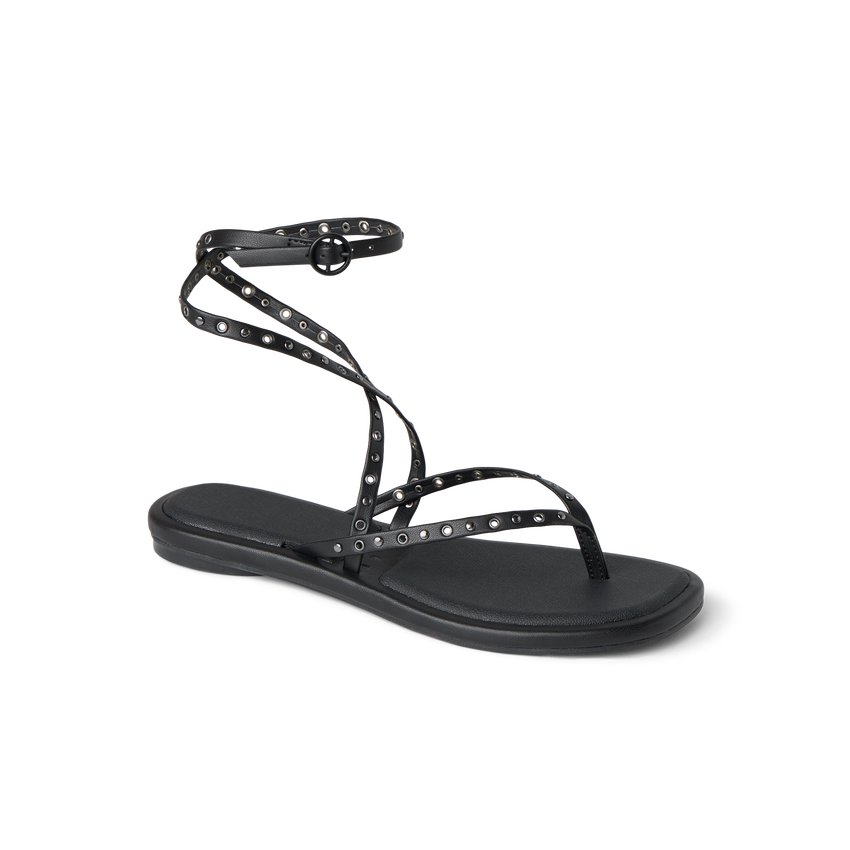 Willow Quinn Studs black strappy sandal facing right, ankle wrap with stud details, lightweight and comfortable design.