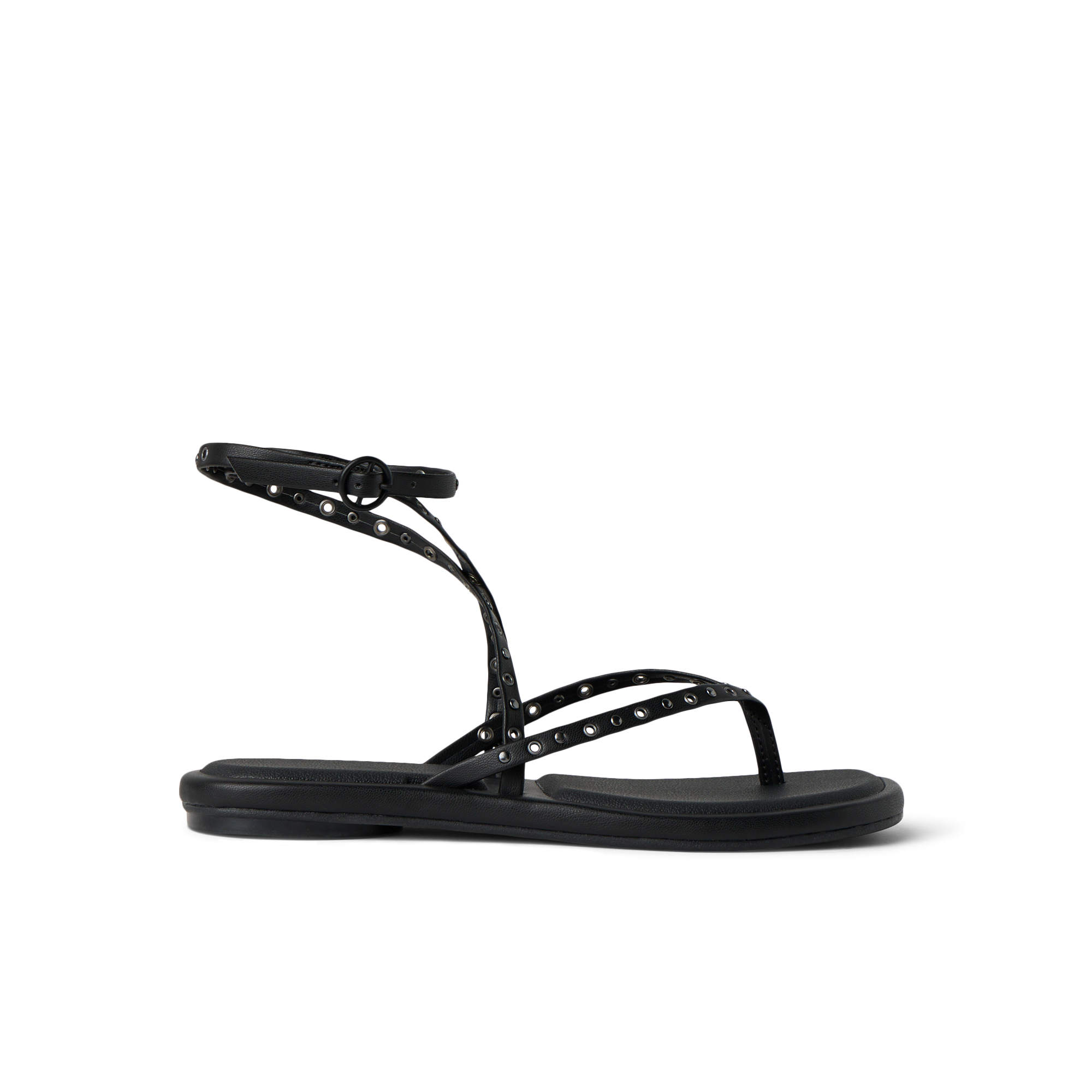 Willow Quinn Studs black women’s sandal facing left, close-up of straps with stud details and cushioned sole for comfort