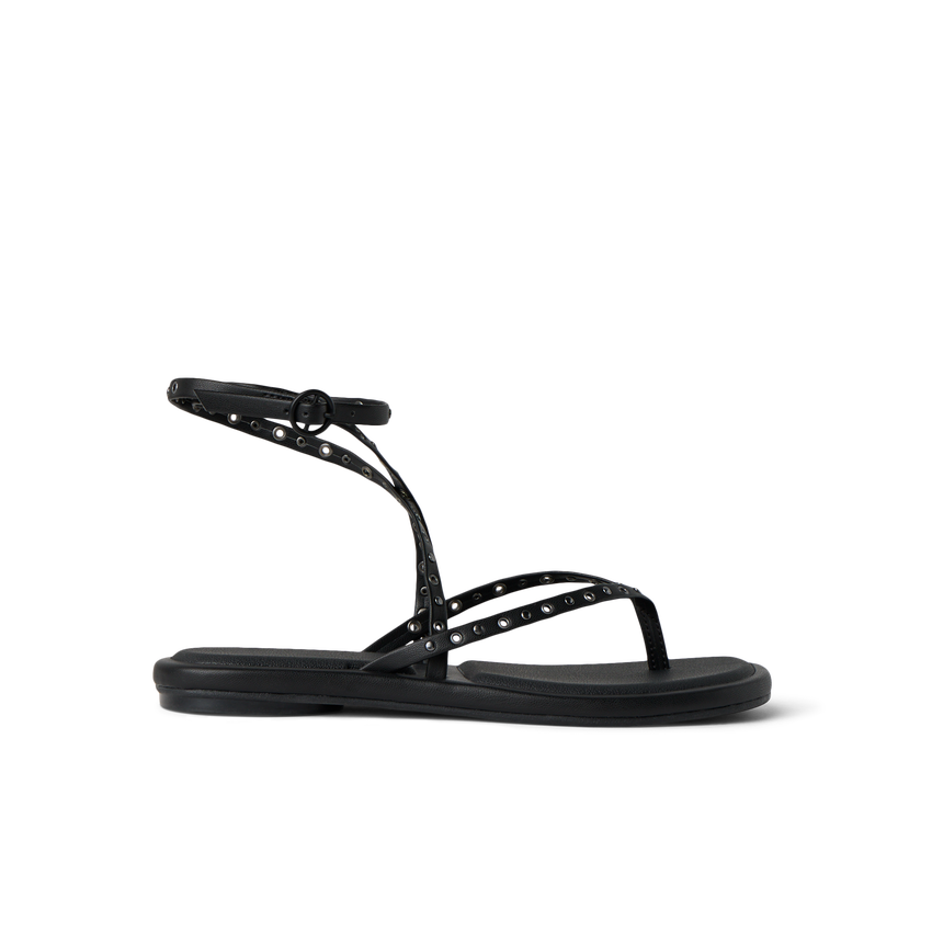 Willow Quinn Studs black women’s sandal facing left, close-up of straps with stud details and cushioned sole for comfort