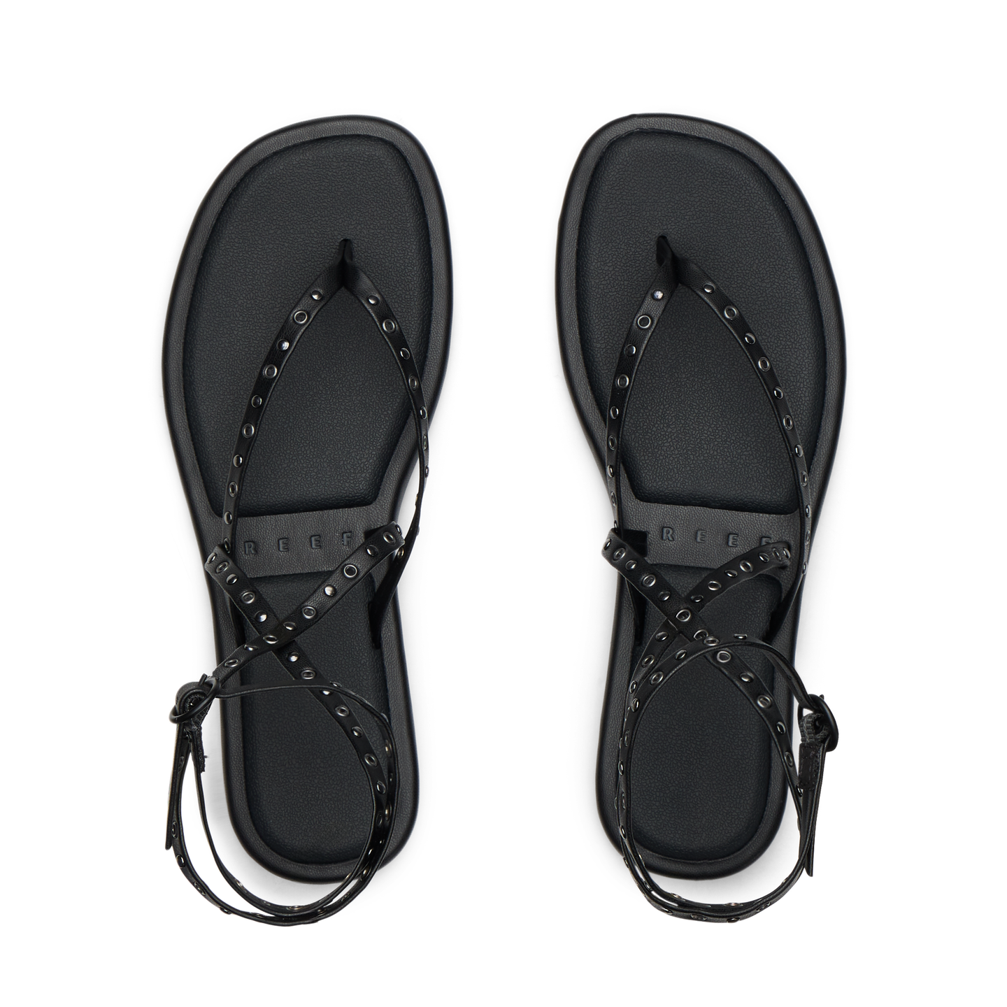 Willow Quinn Studs top view of black studded sandals facing up, lightweight and water-friendly for beach comfort
