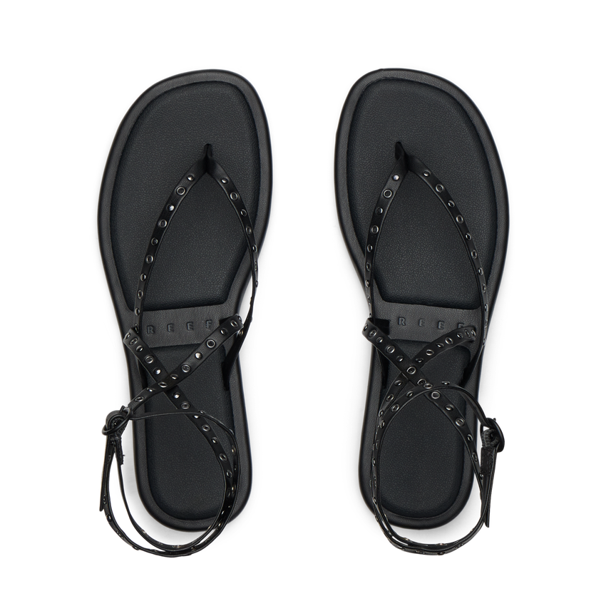 Willow Quinn Studs top view of black studded sandals facing up, lightweight and water-friendly for beach comfort