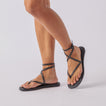 Willow Quinn Studs sandal, right foot facing forward, left foot slightly raised, black straps with stud details, comfort design.