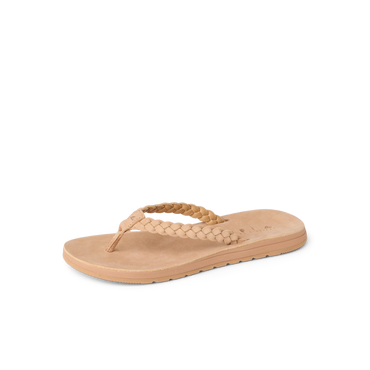 Playa Bella tan braided leather flip flop facing left with cushioned footbed and arch support
