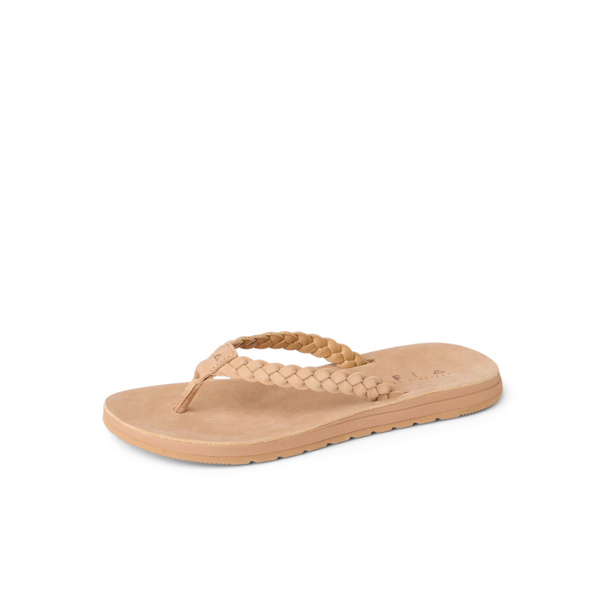 Playa Bella tan braided leather flip flop facing left with cushioned footbed and arch support