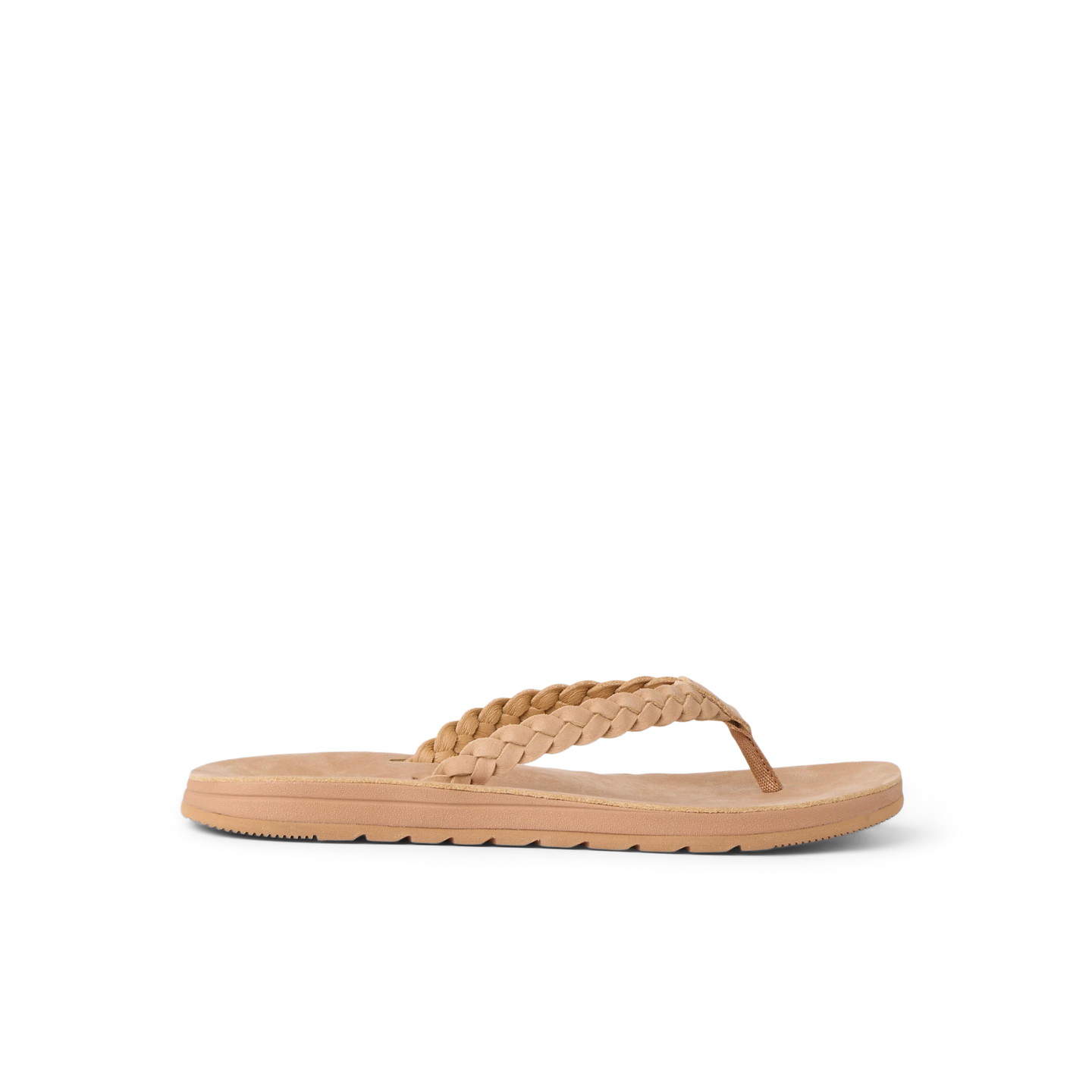 Playa Bella braided leather flip flop facing right with cushioned footbed and arch support