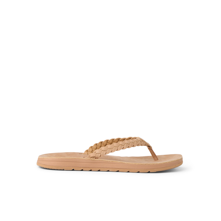 Playa Bella braided leather flip flop facing right with cushioned footbed and arch support