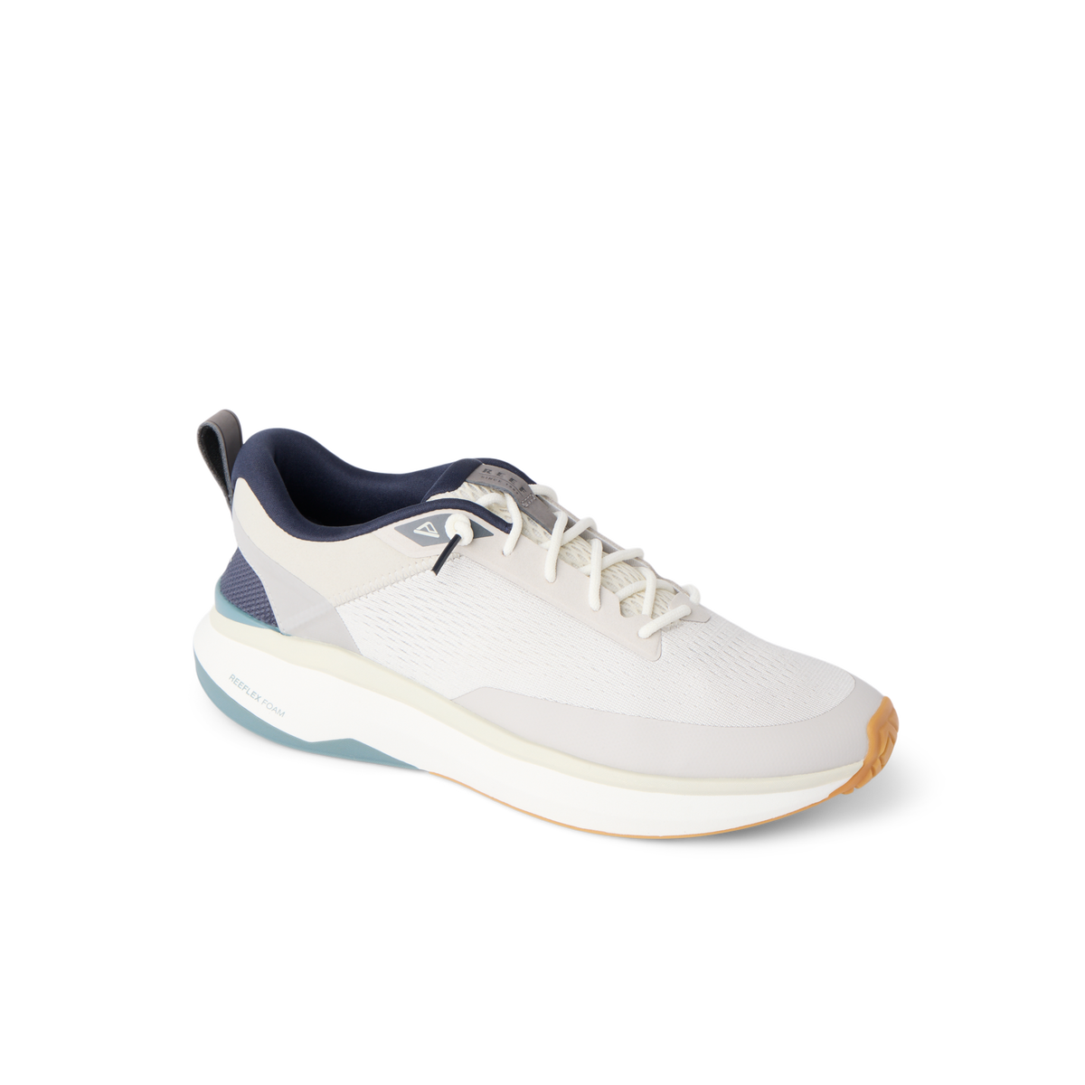Reef Zuma light gray sneaker facing right with a breathable knit upper and cushioned sole